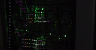 Animation of data processing against close up of a computer server. Computer interface and business data storage technology concept