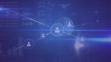 Profil simgeleri ağının animasyonu, istatistiksel veri işleme ve mavi arkaplanda ışık noktası. Küresel ağ ve iş teknolojisi kavramı