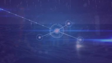 Dijital dalga ile mavi arkaplan arasındaki bağlantı ve ışık izlerinin animasyonu. Küresel ağ ve iş teknolojisi kavramı