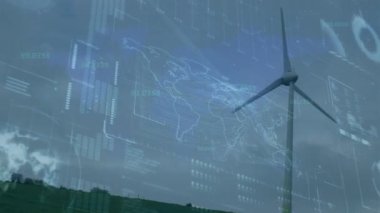 Rüzgar türbini üzerinde finansal veri işleme animasyonu. Küresel rüzgar enerjisi, çevre, iş dünyası, finans, hesaplama ve veri işleme kavramı dijital olarak oluşturulmuş video.
