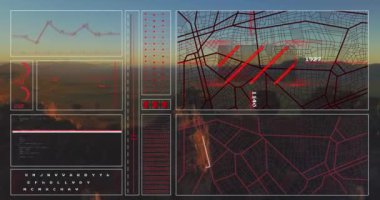 Manzara arka planında veri işleme animasyonu. Küresel bulut hesaplama, bağlantılar, iletişim, dijital arayüz ve dijital olarak oluşturulmuş video işleme kavramı.
