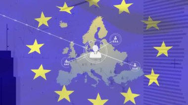 Dalgalanan eu bayrağı ve haritaya karşı profil simgeleri ve veri işleme ağının animasyonu. Küresel ağ ve iş teknolojisi kavramı