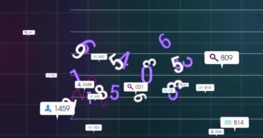 Sosyal medya veri işleme animasyonu ve karanlık arkaplan üzerindeki numaralar. Küresel bulut hesaplama, bağlantılar, iletişim, dijital arayüz ve dijital olarak oluşturulmuş video işleme kavramı.