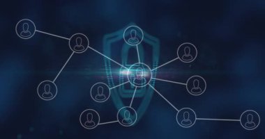 Mavi arkaplanda güvenlik kilidi simgesi üzerine profil simgelerinin canlandırılması. Siber güvenlik ve iş teknolojisi kavramı