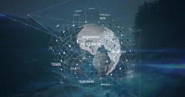 Bağlantılar ağının animasyonu, ışık yolları ve dönen küre ile deniz manzarası. Küresel ağ ve iş teknolojisi kavramı