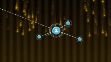 Siyah arkaplana karşı düşen dijital simgelerin ve ışık yollarının animasyonu. Küresel ağ ve iş teknolojisi kavramı