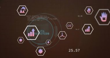 Çevre simgelerinin ve bağlantıları olan veri işlemlerinin animasyonu. Küresel iş, internet bağlantıları, bulut hesaplama ve veri işleme kavramı dijital olarak oluşturulmuş video.