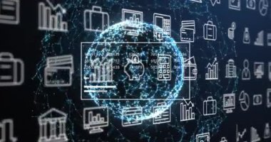 Mavi arkaplan ile bağlantılı ağ üzerindeki çoklu dijital simgelerin animasyonu. Küresel ağ ve iş arayüzü teknolojisi kavramı