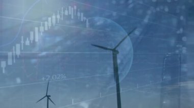 Rüzgar türbini ve dünya üzerinde finansal veri işleme animasyonu. Küresel rüzgar enerjisi, çevre, iş dünyası, finans, hesaplama ve veri işleme kavramı dijital olarak oluşturulmuş video.