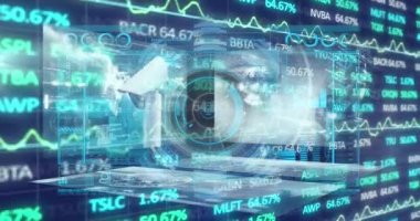 Kapsam ve CCTV kameraları üzerinden finansal veri işleme animasyonu. Küresel iş, finans, hesaplama ve veri işleme kavramı dijital olarak oluşturulmuş video.