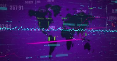 Mor arka planda dünya haritasında finansal veri işleme animasyonu. Küresel iş, bağlantılar, iletişim, dijital arayüz ve dijital olarak oluşturulmuş video işleme kavramı.