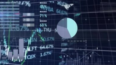 Animation of statistical and stock market data processing against blue background. Global economy and business data technology concept