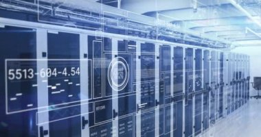 Animation of interface with data processing against computer server room. Computer interface and business data storage technology concept