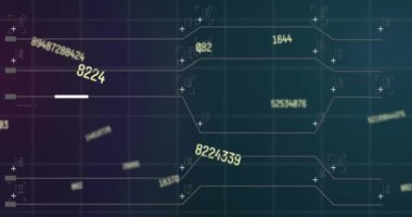 Animation of multiple changing numbers and statistical data processing against blue background. Computer interface and business data technology concept