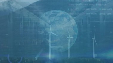Rüzgar türbinleri ve dünya üzerinde finansal veri işleme animasyonu. Küresel rüzgar enerjisi, çevre, iş dünyası, finans, hesaplama ve veri işleme kavramı dijital olarak oluşturulmuş video.