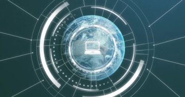 Mavi arka plandaki dünya üzerindeki bağlantılarla veri işleme animasyonu. Küresel iş, bağlantılar, iletişim, dijital arayüz ve dijital olarak oluşturulmuş video işleme kavramı.