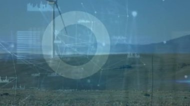 Rüzgar türbini üzerinde finansal veri işleme animasyonu. Küresel rüzgar enerjisi, çevre, iş dünyası, finans, hesaplama ve veri işleme kavramı dijital olarak oluşturulmuş video.