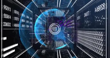 Dünya üzerinde veri işleme arayüzü ve mavi arkaplandaki bağlantı ağının animasyonu. Küresel ağ ve iş teknolojisi kavramı