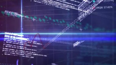 Animation of statistical and stock market data processing against light trails on blue background. Global economy and business data technology concept