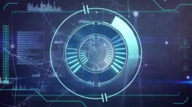 Neon yuvarlak tarayıcının animasyonu ve mavi arkaplan ile bağlantı ağı. Bilgisayar arayüzü ve iş teknolojisi kavramı