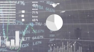 Şehir manzarasının havadan görüntüsüne karşı istatistiksel ve borsa veri işleme animasyonu. Küresel ekonomi ve iş veri teknolojisi kavramı