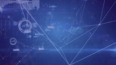 Animation of network of connections and data processing against light spot on blue background. Global networking and business technology concept