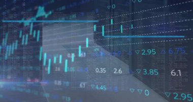 Animation of stock market data processing against computer server room. Global economy and business data storage technology concept