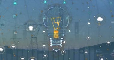Ampulün animasyonu, ikonlar ve veri işleme bağlantıları. Küresel elektrik, bulut hesaplama, dijital arayüz ve veri işleme kavramı dijital olarak oluşturuldu.