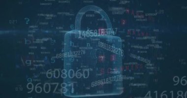 Asma kilit simgesi ve veri işleme animasyonu. Küresel bulut hesaplama, dijital arayüz ve veri işleme kavramı dijital olarak oluşturulmuş video.