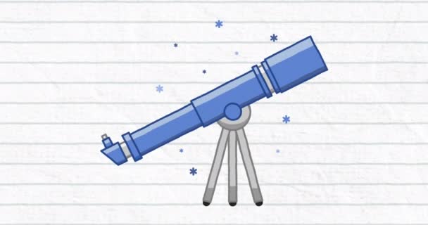 Κινούμενο Σχέδιο Τηλεσκοπίου Και Εικονίδια Αστεριών Φόντο Λευκό Χαρτί Σχολική — Αρχείο Βίντεο