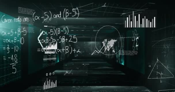 Animación Ecuaciones Matemáticas Procesamiento Datos Través Servidores Informáticos Conexiones Globales — Vídeo de stock