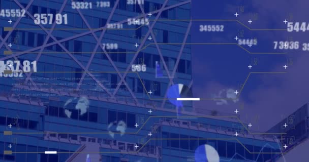 Animacja Zmieniających Się Liczb Przetwarzania Danych Tle Wysokich Budynków Interfejs — Wideo stockowe