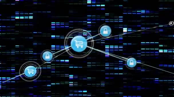 Animação Rede Ícones Digitais Sqaures Mosaico Azul Contra Fundo Preto — Vídeo de Stock