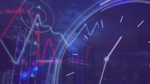 Animação Relógio Sobre Processamento Dados Estatísticos Mercado Ações Contra Mapa — Vídeo de Stock