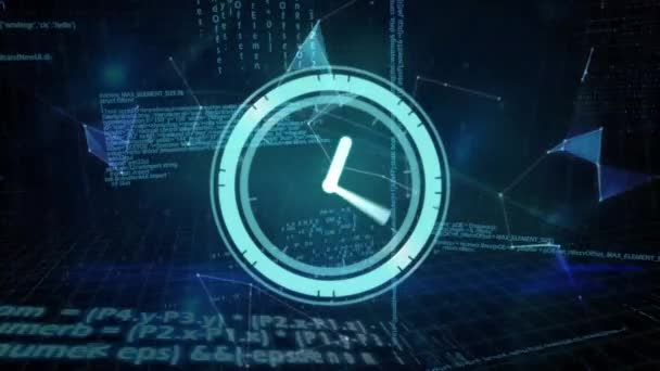 Animering Neon Tickande Klocka Globen Plexus Nätverk Och Databehandling Blå — Stockvideo