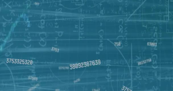 Animação Números Variáveis Processamento Dados Financeiros Equações Matemáticas Fundo Azul — Vídeo de Stock