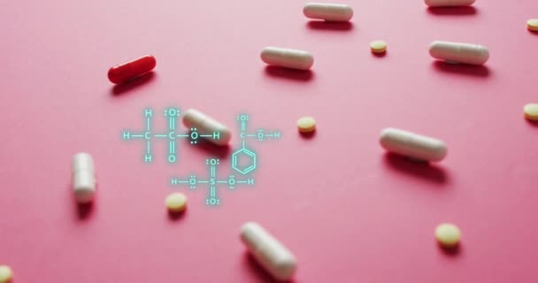 Animering Kemiska Strukturer Över Piller Global Medicin Och Digitalt Gränssnitt — Stockvideo