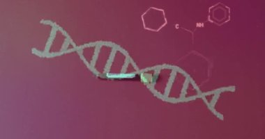 Kimyasal yapıların ve DNA ipliklerinin test tüpüyle birleştirilmesi. Küresel tıp ve dijital arayüz kavramı dijital olarak oluşturulmuş video.