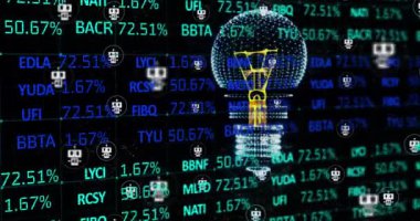 Ampul ve veri işleme animasyonu. Küresel bulut hesaplama, dijital arayüz ve veri işleme kavramı dijital olarak oluşturulmuş video.