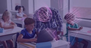 Mutlu Afro-Amerikan erkek öğretmen ve okul çocuğunun dizüstü bilgisayar kullanarak 3D şekillerinin animasyonu. 