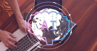 Beyaz kadın üzerinde dizüstü bilgisayar kullanarak ai veri işleme animasyonu. Küresel yapay zeka, dijital arayüz, hesaplama ve veri işleme kavramı dijital olarak oluşturuldu.