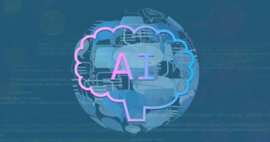 Hawaii ikonlarıyla tüm dünyada ai veri işleme animasyonu. Küresel yapay zeka, hesaplama, dijital arayüz ve veri işleme kavramı dijital olarak oluşturuldu.