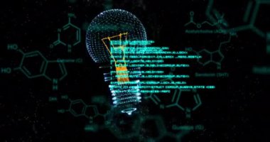 Ampulün animasyonu ve bilimsel veri işleme. Küresel elektrik, bulut hesaplama, dijital arayüz ve veri işleme kavramı dijital olarak oluşturuldu.