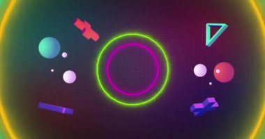 Neon şekiller üzerinde soyut şekillerin canlandırılması. Küresel bağlantılar, bulut hesaplama, dijital arayüz ve veri işleme kavramı dijital olarak oluşturuldu.