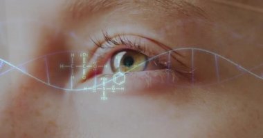 Kimyasal yapıların ve gözün üzerindeki DNA ipliklerinin animasyonu. Küresel tıp ve dijital arayüz kavramı dijital olarak oluşturulmuş video.