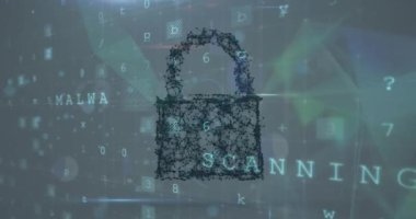 Asma kilit simgesi ve virüs uyarı veri işleme animasyonu. Küresel bulut hesaplama, dijital arayüz ve veri işleme kavramı dijital olarak oluşturulmuş video.