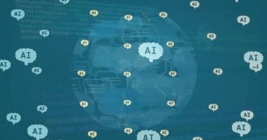 Hawaii ikonlarıyla tüm dünyada ai veri işleme animasyonu. Küresel yapay zeka, hesaplama, dijital arayüz ve veri işleme kavramı dijital olarak oluşturuldu.