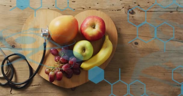 Animația Structurilor Chimice Peste Stetoscop Fructe Conceptul Global Medicină Alimente — Videoclip de stoc