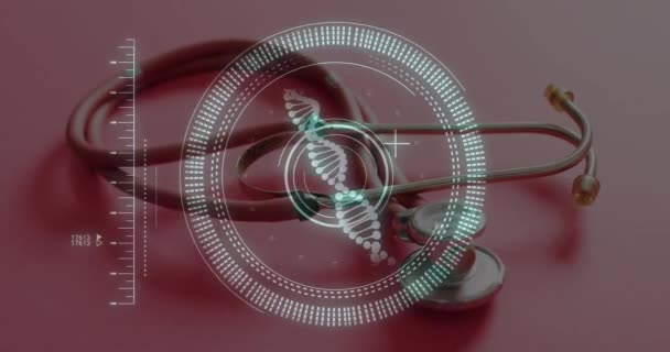 Animación Hebra Adn Escaneo Del Visor Sobre Estetoscopio Concepto Medicina — Vídeos de Stock