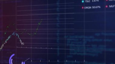 Animation of statistical and stock market data processing over grid network against blue background. Global economy and business data technology concept